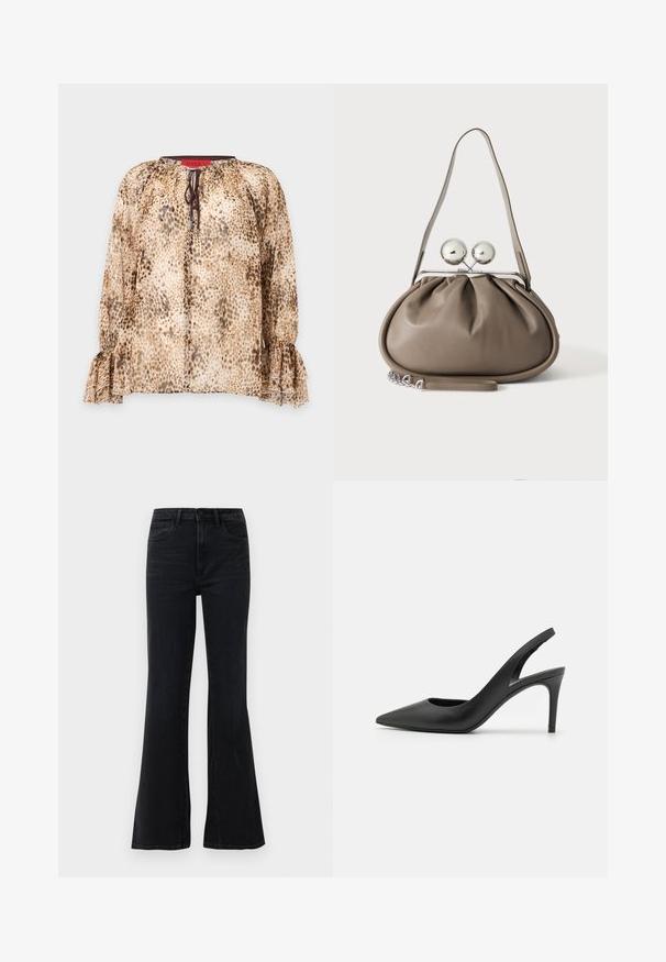 Μπεζ και καφέ μπλούζα με μακριά μανίκια και animal print, με βολάν σε μανσέτες και δεμένη λαιμόκοψη, απεικονίζεται σε απλό φόντο.; Μαύρα ψηλόμεσα καμπάνα τζιν με μπροστινές τσέπες, βρόχους για ζωνάκι και κλείσιμο με κουμπί σε λευκό φόντο.; Μαύρες δερμάτινες ψηλές γόβες slingback με σχέδιο σε μυτερή μύτη, διαθέτοντας κοψίματα μπροστά και λεπτό στιλέτο τακούνι.; Γκρι δερμάτινη τσάντα με στρογγυλεμένο σχήμα, επάνω κούμπωμα με δύο μεγάλες ασημένιες σφαίρες και μία λαβή με έναν ιμάντα.