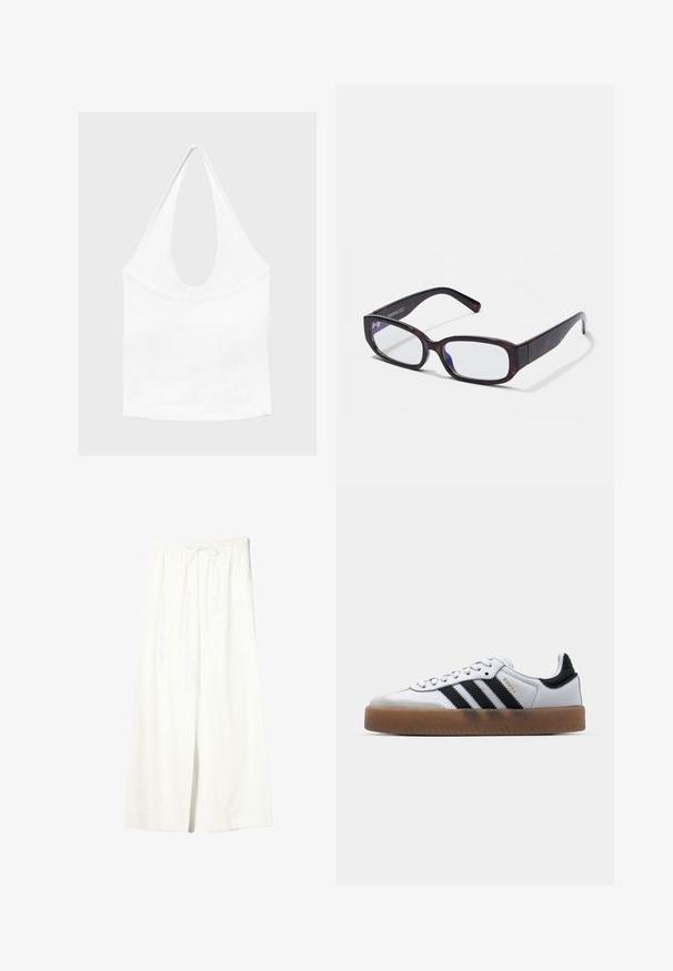 Haut blanc sans manches à encolure américaine, avec un profond col rond et une taille cintrée, présenté sur un fond clair et uni.; Pantalon en lin blanc à jambes larges avec taille élastique et cordon de serrage, doté de poches latérales et d'une fente à l'avant.; Baskets en cuir blanc avec des rayures noires, semelle extérieure en caoutchouc beige, bout rond, fermeture lacée et embout en suède gris doux.; Lunettes rectangulaires en écaille de tortue brune avec des verres transparents et des branches épurées, présentant une texture lisse et un design minimaliste.