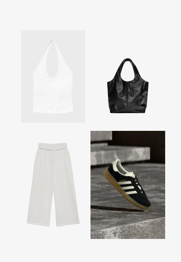 Haut blanc sans manches à encolure américaine, avec un profond col rond et une taille cintrée, présenté sur un fond clair et uni.; Pantalon blanc à jambes larges avec taille élastique et cordon de serrage, conçu pour un usage décontracté.; Baskets noires Adidas München avec des rayures blanches et une semelle en gomme, flottant au-dessus de marches en béton texturé.; Sac fourre-tout en cuir noir avec une texture lisse, un haut arrondi doux et de larges poignées. Présente une couture minimale et une silhouette décontractée.