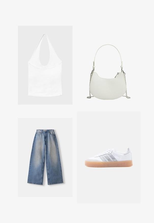 Haut blanc sans manches à encolure américaine, avec un profond col rond et une taille cintrée, présenté sur un fond clair et uni.; Jean bleu clair à jambes larges avec un devant délavé, style cinq poches, fermeture par bouton et fermeture éclair, posé à plat sur fond blanc.; Baskets basses blanches avec semelle gomme, accents argentés rayés sur le côté, et fermeture à lacets, présentées sur un fond clair uni.; Sac à main synthétique blanc de forme courbée, avec une bandoulière en chaîne et un design minimaliste. Texture lisse avec des accents en métal argenté.