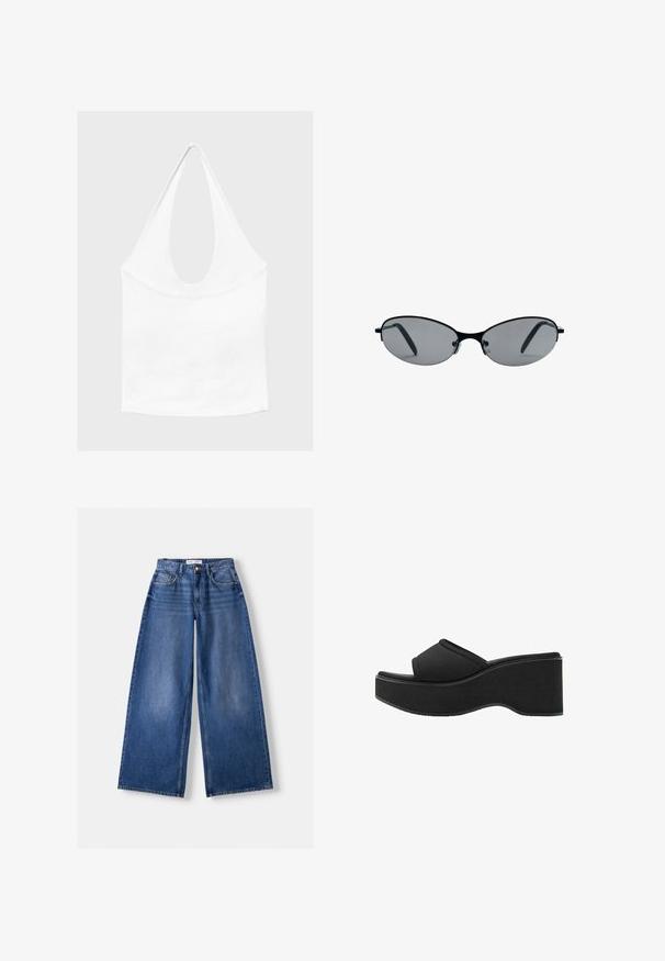 Haut blanc sans manches à encolure américaine, avec un profond col rond et une taille cintrée, présenté sur un fond clair et uni.; Jeans en denim bleu à jambes larges avec poches avant, passants de ceinture et fermeture par bouton, posés à plat sur un fond clair.; Sandale plateforme noire avec semelle épaisse et bout ouvert, avec une large bride sur le pied et une légère courbure du talon.; Lunettes de soleil ovales noires avec une fine monture en métal et des verres teintés foncés sur fond blanc.