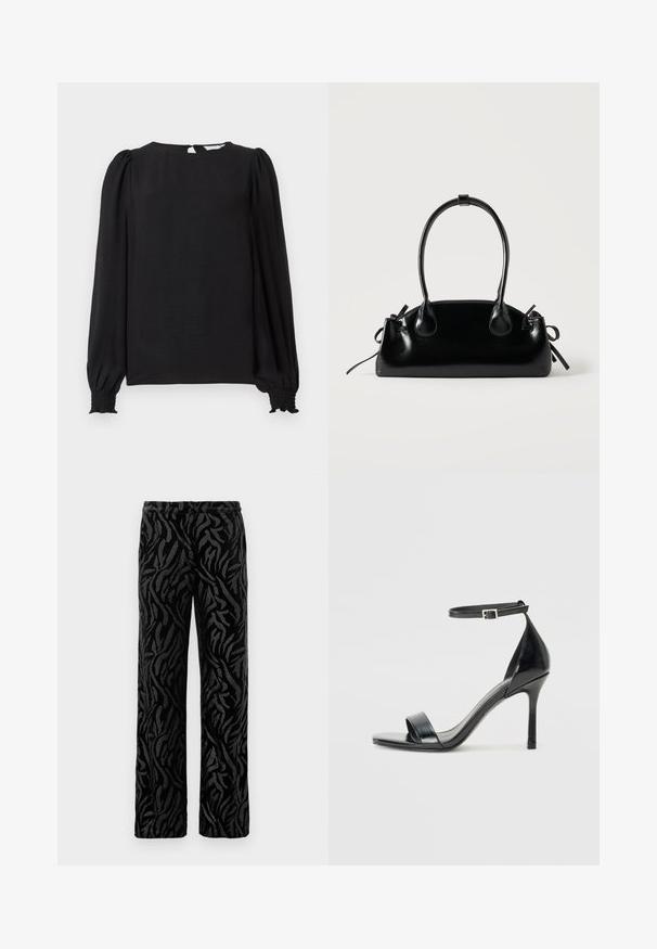 Blouse noire à manches longues bouffantes. Présente un col rond, une ouverture en forme de clé dans le dos et des poignets smockés pour un look ajusté. Texture lisse.; Pantalon noir avec un motif texturé en spirale. Fabriqué en matière douce avec une coupe droite et une taille élastique pour plus de confort.; Sandale à talon haut en cuir verni noir avec un bout ouvert, une seule lanière à l'avant et une lanière de cheville ajustable.; Petit sac à main noir brillant avec deux longues anses et des détails à cordon sur les côtés sur un fond clair uni.