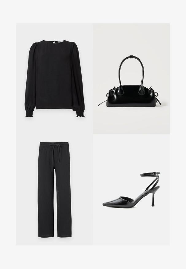 Sort bluse med lange, puffede ærmer. Har en rund halsudskæring, åbning i nakken og elastiske manchetter for et tætsiddende look. Glat tekstur.; Sorte bukser med en afslappet pasform, lavet af tekstureret stof, med elastisk talje og snøre til justerbar størrelse.; Sort spids højhælet sko med tynde ankelremme og sølvspænde på en ensfarvet lys baggrund.; Lille sort blank håndtaske med to lange håndtag og snøre-detaljer i siden på en ensfarvet lys baggrund.