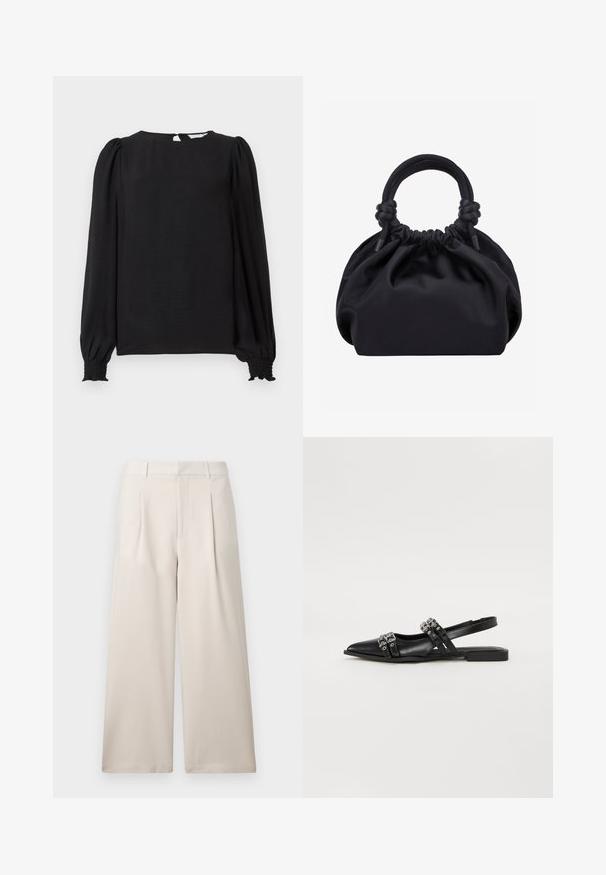 Blouse noire à manches longues bouffantes. Présente un col rond, une ouverture en forme de clé dans le dos et des poignets smockés pour un look ajusté. Texture lisse.; ONLY ONLLANDO PLEAT CULOTTE PANT - Pantalon classique - pumice stone; Even&Odd by Zalando Ballerines à brides arrière - black; Sac à main en tissu noir doux avec haut froncé et poignées circulaires rembourrées nouées de chaque côté.