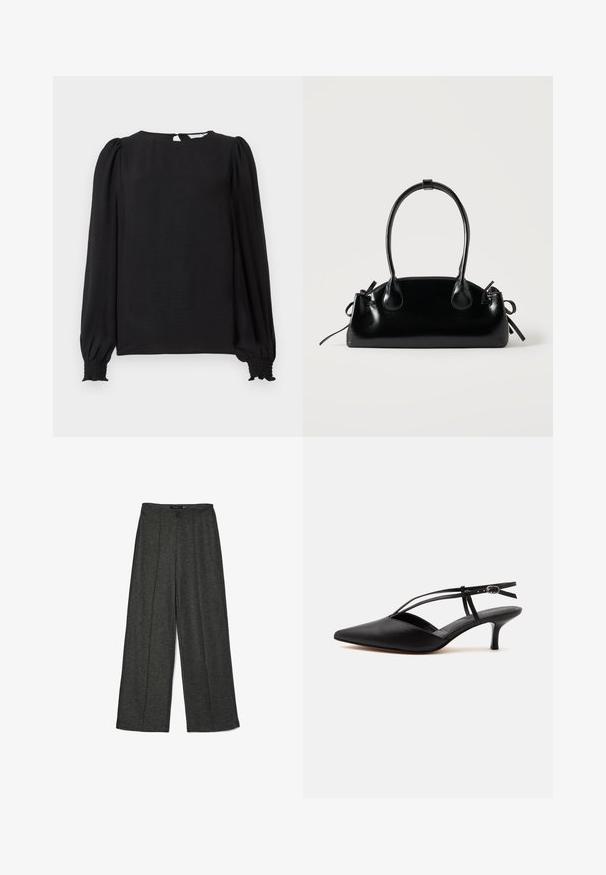 Čierna blúzka s dlhými, naberacími rukávmi. Má okrúhly výstrih, otvor na chrbte vo forme kľúčovej dierky a nariasené manžety pre priliehavý vzhľad. Hladká textúra.; Tmavošedé široké nohavice vyrobené z textúrovanej látky, s vysokým pásom a dvoma prednými záhybmi pre dodatočný dizajnový detail.; Čierna kožená topánka s ostrou špičkou, nízkym kitten heel podpätkom, tenkým remienkom okolo členka s prackou, slingback dizajn, na jednoduchom svetlom pozadí.; Malá čierna lesklá kabelka s dvoma dlhými rúčkami a bočnými šnúrkovými detailmi na jednoduchom svetlom pozadí.