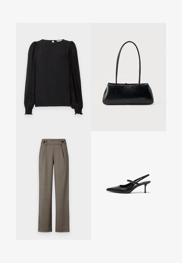 Sort bluse med lange, puffede ærmer. Har en rund halsudskæring, åbning i nakken og elastiske manchetter for et tætsiddende look. Glat tekstur.; Brune ternede bukser med høj talje, som har sidelæg og sorte knapdetaljer. Lavet af et tekstureret vævet materiale.; Sorte læder slingback hæle med spids tå, slank justerbar rem og en stiletto hæl på cirka 5 cm, glat tekstur.; Sort rektangulær skuldertaske med lange tynde stropper og en glat, blank tekstur på en ensfarvet baggrund.