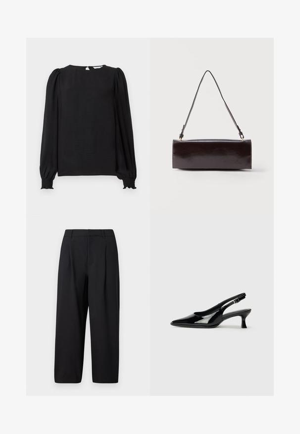 Sort bluse med lange, puffede ærmer. Har en rund halsudskæring, åbning i nakken og elastiske manchetter for et tætsiddende look. Glat tekstur.; Sorte bukser med en afslappet pasform, plisseret front, glat talje og blød tekstur. Klippet til en cropped længde, velegnet til både formelt og afslappet brug.; Sorte patenterede slingback-sko med spidse tæer og lav blokhæl. Justerbar spænde-rem ved anklen.; Rektangulær sort læderhåndtaske med en enkelt lang rem og blank finish, vist mod en ensfarvet hvid baggrund.