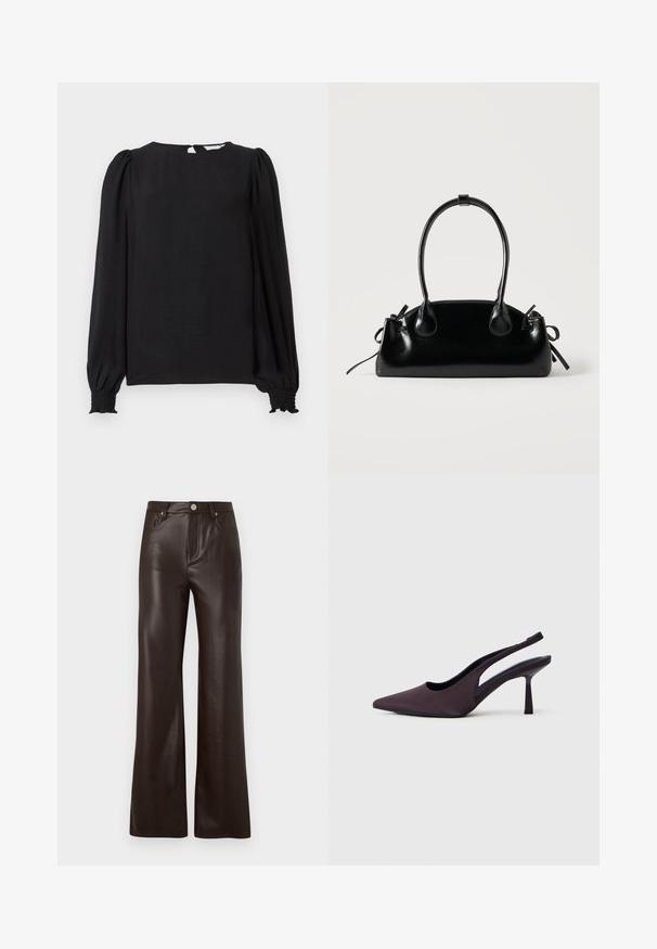 Must Black blouse pikad, puffed varrukad. Ümara kaelusega, seljal võtmega avamine ja elastsed mansetid, mis annavad tiheda väljanägemise. Sile tekstuur.; Vero Moda Wide-leg VMTESSA High rise - Püksid - chocolate torte; Tumevioletsest kangast slingback-kontsaga king. Terava ninaga disain, avatud küljed ja sihvakas, ruudukujuline konts. Sile tekstuur.; Väike must läikiv käekott kahe pika sangaga ja külgedel paelakinnitustega, ühel lihtsal helel taustal.