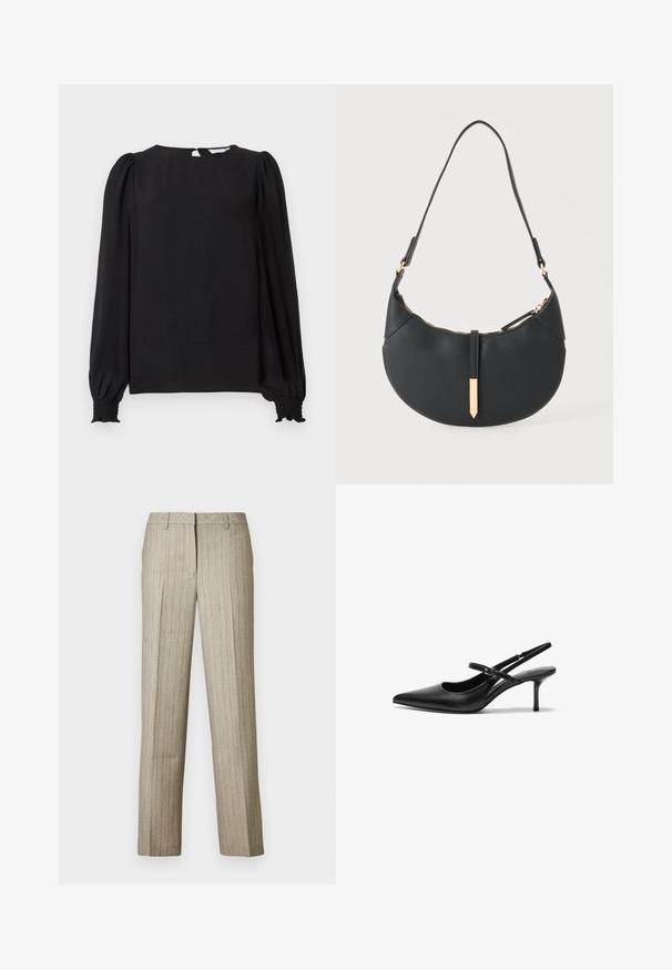 Sort bluse med lange, puffede ærmer. Har en rund halsudskæring, åbning i nakken og elastiske manchetter for et tætsiddende look. Glat tekstur.; Beige bukser med nålestriber og et lige ben-design, der har en struktureret linning og en subtil tekstur i hele stoffet.; Sorte læder slingback hæle med spids tå, slank justerbar rem og en stiletto hæl på cirka 5 cm, glat tekstur.; Sort håndtaske formet som en halvmåne med en enkelt rem, guld lynlås og en guldfarvet rektangulær dekorativ fane foran.