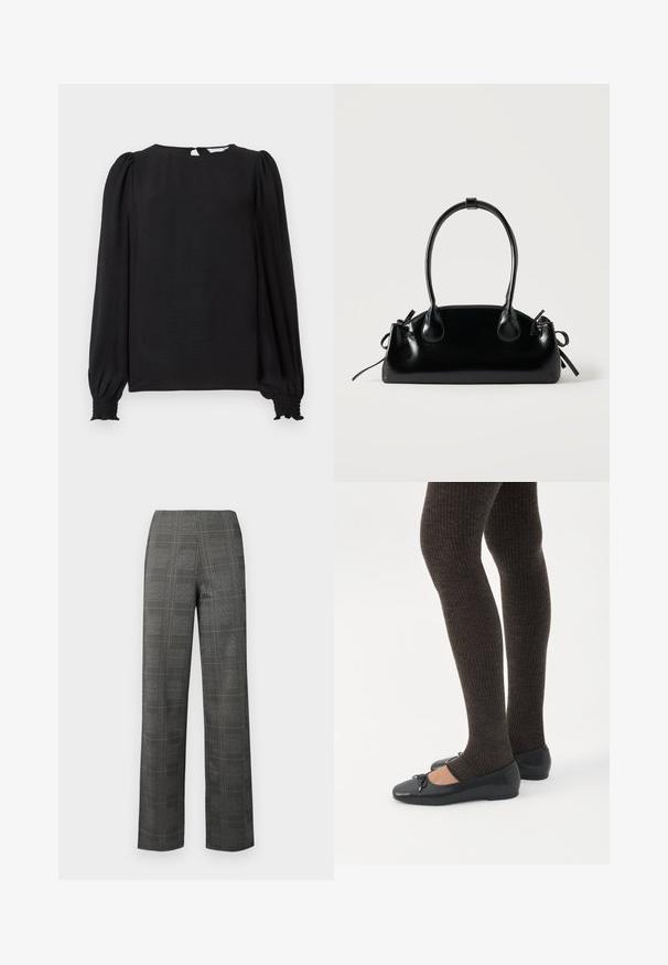 Must Black blouse pikad, puffed varrukad. Ümara kaelusega, seljal võtmega avamine ja elastsed mansetid, mis annavad tiheda väljanägemise. Sile tekstuur.; Hallitusseente mustriga püksid, millel on hall alus, mustad ja valged ruudud, kõrge vöökoht ja sirge sääre lõige. Sile tekstuur.; Jalad seljas tumedad soonelises soonelises kombines mustade baleriinadega, millel on väikesed paelade detailid valgel taustal.; Väike must läikiv käekott kahe pika sangaga ja külgedel paelakinnitustega, ühel lihtsal helel taustal.