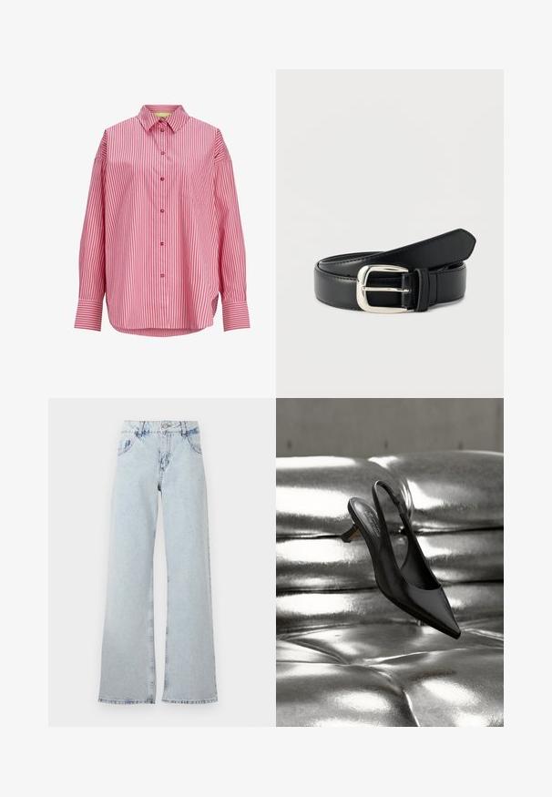 Langærmet lyserød skjorte med lodrette røde striber, knaplukning foran, spids krave, brystlomme og brede manchetter.; Lyseblå bred ben jeans lavet af denim, med høj talje, bælteholdere, fem lommer og slidte områder for et vintage udseende.; Sort spids slingback-sko med blank læderfinish, der har en lav blokhæl og en slank ankelrem, svævende over en metallisk overflade.; Sort læderbælte med sølvrektangulært spænde, rullet sammen og liggende på en hvid overflade.