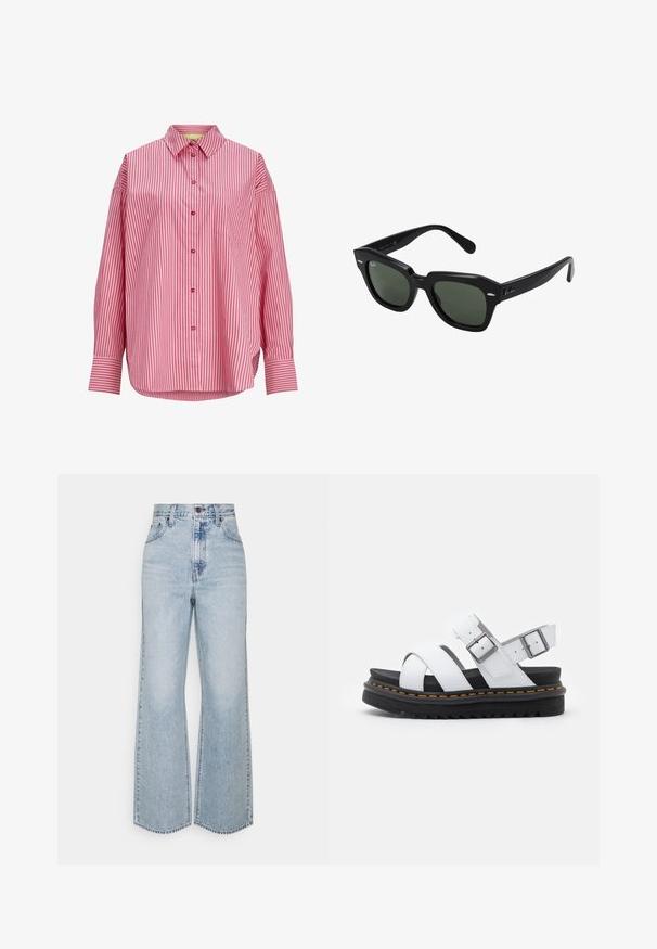 Langærmet lyserød skjorte med lodrette røde striber, knaplukning foran, spids krave, brystlomme og brede manchetter.; Lysblå denim brede ben jeans med høj talje, klassisk fem-lomme design og kontrasterende syninger. Uslebne kanter i bunden.; Hvide lædersandaler med justerbare spænder, lagdelt sort platformssål og orange syning langs kanten.; Sorte firkantede solbriller med mørkegrønne linser, der har kraftige stel og sølvdetaljer på siderne. Fremstillet i Italien.