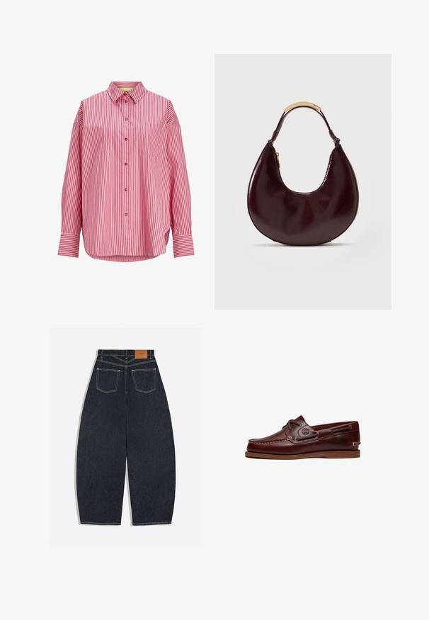Langærmet lyserød skjorte med lodrette røde striber, knaplukning foran, spids krave, brystlomme og brede manchetter.; Mørkeblå vidde denimjeans set bagfra med to påsyede lommer og et brunt lædermærke på linningen.; Brun læder bådsko med snørre, syningsdetaljer og Timberland-logo på siden, vist på en hvid baggrund.; Mørkebrunt læderhåndtaske i halvmåneform med en kort håndtag, der har en metalaccent i guldfarve og en sidelomme med lynlås.