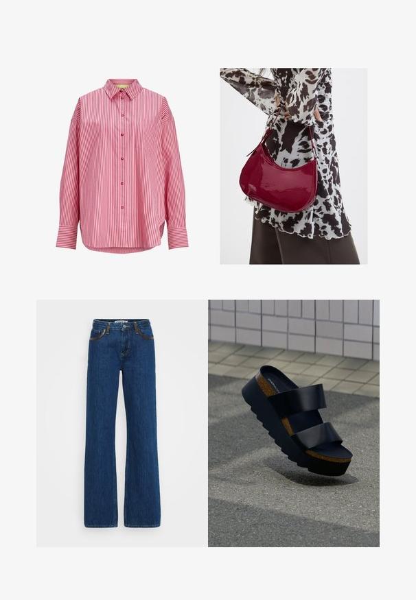 Langærmet lyserød skjorte med lodrette røde striber, knaplukning foran, spids krave, brystlomme og brede manchetter.; Blå denim flared jeans med kontrastsyninger, fem-lomme design og lynlåslukning. Stoffet har en blød tekstur med let falming.; Sort platform-sandal med tyk korksål og to brede remme, placeret på struktureret fortov nær flisebelagt væg.; Kvinde iført en sort- og hvidmønstret bluse, der holder en blank rød skuldertaske mod en ensfarvet baggrund.