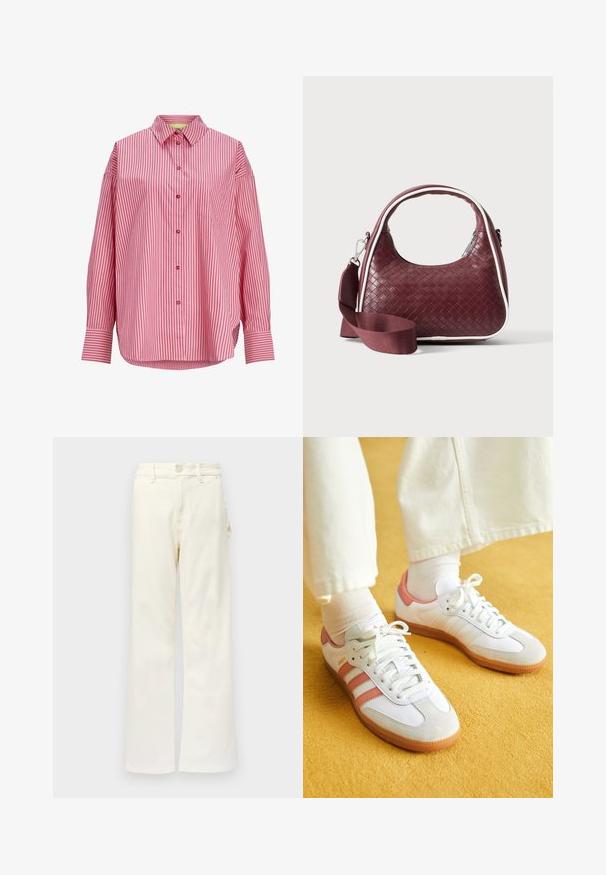 Langærmet lyserød skjorte med lodrette røde striber, knaplukning foran, spids krave, brystlomme og brede manchetter.; Good American GOOD 90S CARPENTER - Wide leg - white denim; Hvide sportsko med lyserøde accenter, lavet af ruskind og læder, rund tå og gummisål, vist med lyse sokker på en gul baggrund.; Mørkerød vævet lædertaske med buet hank, hvid kant, sølv lynlås og aftagelig bred stofskulderrem mod en ensfarvet baggrund.