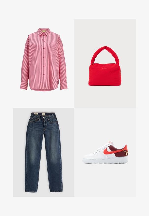 Langærmet lyserød skjorte med lodrette røde striber, knaplukning foran, spids krave, brystlomme og brede manchetter.; Blå denim jeans med lige ben design, slidte områder, forlommer og en knappelås i taljen. Ingen synlige mønstre eller accenter.; Hvid Nike Air Force 1-sneaker med røde og mørkerøde paneler, rød swoosh og lille guldkæde nær hælen.; Rød blød stofhåndtaske med polstret håndtag og lynlås øverst, sat mod en ensartet lys baggrund.