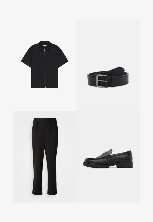 Chemise noire à manches courtes avec un col net et une fermeture éclair sur le devant. Tissu lisse avec un léger éclat, sans motifs ni accents visibles.; Pantalons en tricot noirs avec un waistband à cordon de serrage, coupe droite et poches latérales. Texture douce avec une finition lisse.; Mocassins en cuir noir à bout arrondi, avec un design cousu, une semelle plateforme basse et une semelle en caoutchouc texturée et crantée.; Ceinture en cuir noir avec une boucle en métal argenté, présentant une finition lisse et un design classique. La ceinture est enroulée avec l'extrémité pointée.
