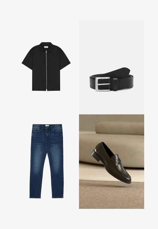 Chemise noire à manches courtes avec un col net et une fermeture éclair sur le devant. Tissu lisse avec un léger éclat, sans motifs ni accents visibles.; Jean slim-fit bleu foncé avec des détails délavés, design classique à cinq poches, fermeture à bouton et passants de ceinture.; Mocassin en cuir noir flottant au-dessus d'un tapis beige avec un canapé beige en arrière-plan, mettant en valeur le design classique pour hommes sans lacets.; Ceinture en cuir noir avec une texture lisse, boucle rectangulaire en argent et une boucle pour l'extrémité. Présente des coutures soignées le long des bords.