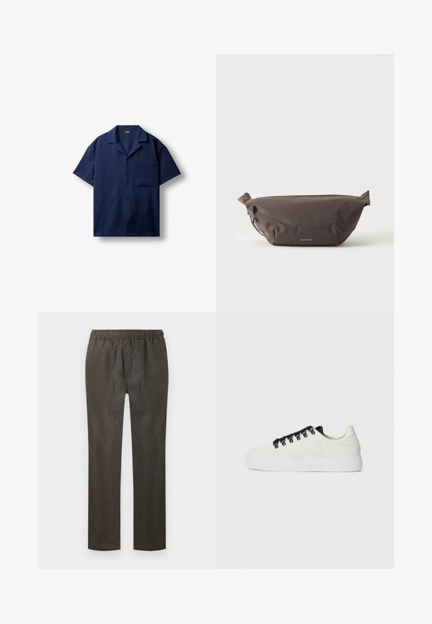 Chemise bleu marine à manches courtes avec boutons, col camp et une poche poitrine, posée à plat sur fond blanc.; Pantalon à taille élastique olive foncé avec jambes droites et poches latérales, présenté à plat sur un fond blanc.; Baskets blanches montantes avec semelle épaisse, crochets de lacets noirs, lacets noirs et doublure intérieure beige sur un fond blanc uni.; Sac banane en tissu marron foncé avec poche zippée en diagonale et petit logo blanc sur le devant, sur un fond clair uni.