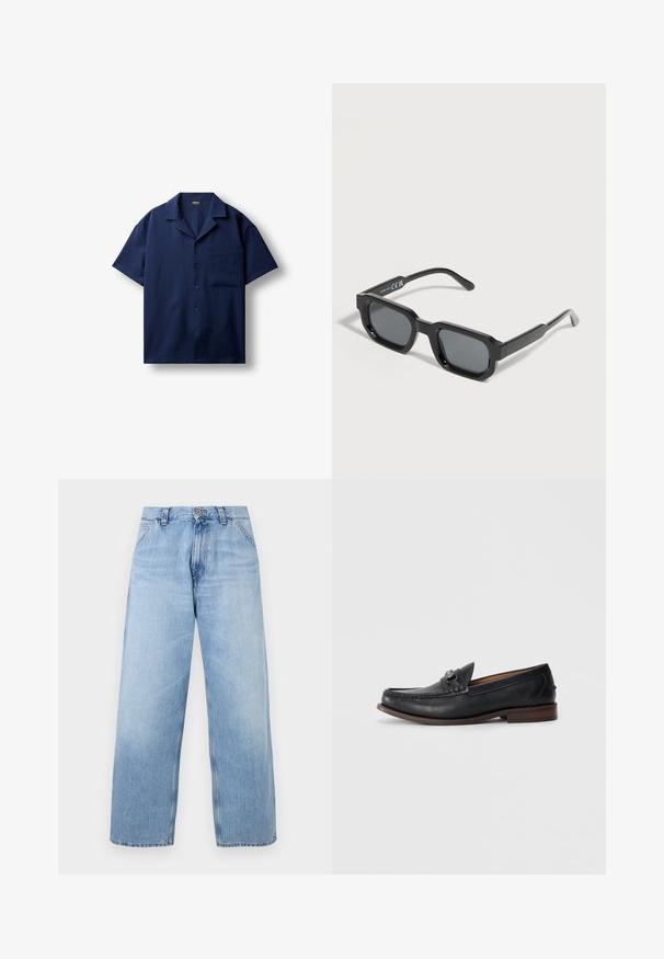 Chemise bleu marine à manches courtes avec boutons, col camp et une poche poitrine, posée à plat sur fond blanc.; Jean en denim bleu clair à jambes larges avec poches avant, passants pour ceinture, fermeture par bouton, et détails délavés.; Mocassins en cuir noir avec un bout arrondi, des détails décoratifs à l'avant et une semelle en cuir brun contrastante. Texture lisse et design à enfiler.; Lunettes de soleil rectangulaires noires avec des montures épaisses et des verres teintés foncés, inclinées sur un fond blanc.