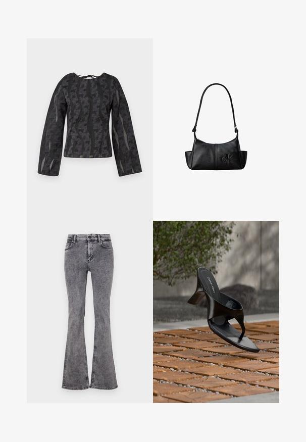 Haut noir à manches longues avec un motif texturé composé de lignes ondulées, un col rond et un détail à nouer au dos.; Jean noir évasé en denim avec un délavage, comportant cinq poches, une fermeture éclair et des coutures contrastées le long des coutures.; Sandale à talon noire Calvin Klein en forme de tongs flottant au-dessus d'une surface extérieure carrelée avec de la verdure et un mur en béton en arrière-plan.; Sac à bandoulière en cuir noir avec une longue sangle, des poches latérales et le logo Calvin Klein embossé sur le devant.