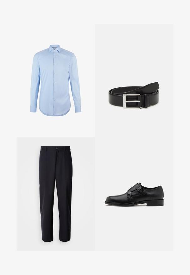 Lichtblauwe long sleeve shirt gemaakt van katoen met een puntige kraag, voor knopen en een afgeronde onderkant. Glad textuur zonder patronen.; Donkerblauwe broek van soepel materiaal, met een rechte pijpdesign, twee zijzakken en een knoopsluiting in de taille.; Zwarte leren dresschoen met dubbele gespen, slank silhouet en ronde neus. Kenmerkt zich door een lage hak en een gladde textuur.; Zwarte leren riem met een glanzende afwerking; voorzien van een zilveren metalen gesp met een rechthoekig frameontwerp en gladde randen.
