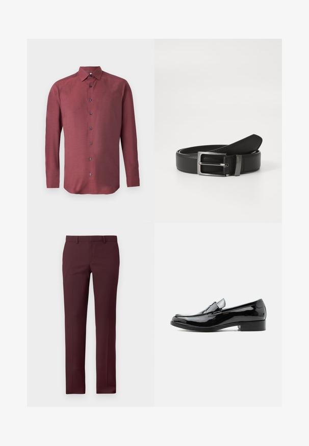Chemise à manches longues, boutonnée, en tissu bordeaux avec un motif texturé et des boutons bleu foncé ; elle présente un col pointu et un ourlet droit.; Pantalons taillés bourgogne avec une coupe structurée. Comprend un devant plat, des passants de ceinture et aucune poche visible, fabriqués en tissu lisse.; Mocassin pour homme en cuir verni noir avec talon bas, bout arrondi, et détail de bride sur le dessus, sur fond blanc.; Ceinture en cuir noir avec une boucle en métal argenté, présentant une finition lisse et un design classique. La ceinture est soigneusement pliée.