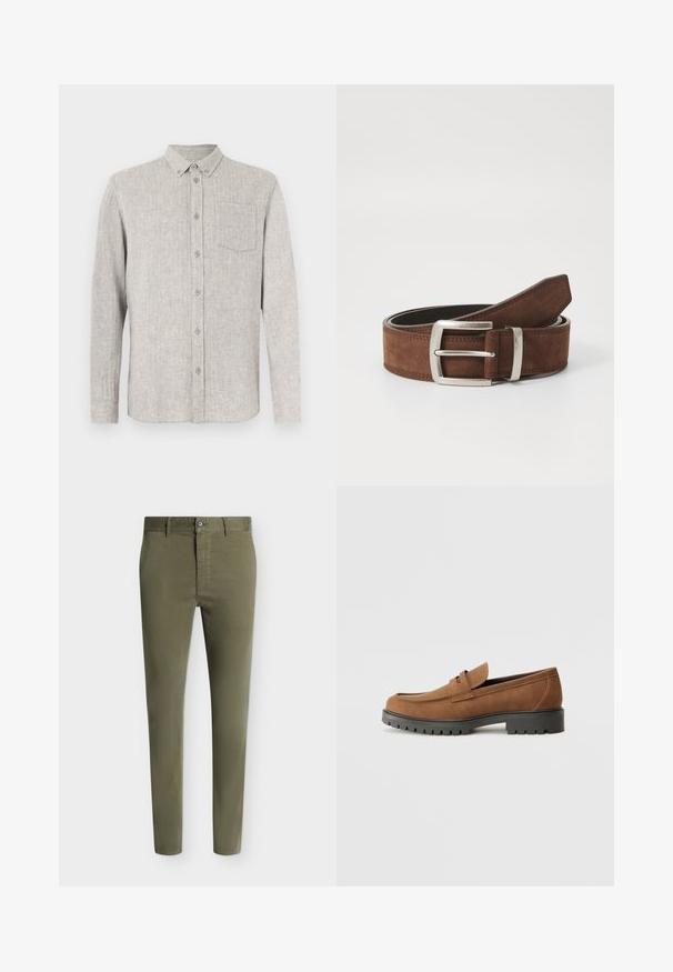 Chemise gris clair boutonnée en tissu texturé, avec un col, des manches longues et une poche poitrine unique.; Pantalon slim vert olive avec fermeture bouton et zip, passants pour ceinture et jambes fuselées sur fond clair.; Mocassins en daim marron avec un bout arrondi et une semelle noire en caoutchouc basse, présentant une sangle décorative et des détails de couture sur le dessus.; Ceinture en suède marron avec une boucle en métal argenté et des détails de coutures linéaires. La ceinture est plate et a une largeur et une forme classiques.