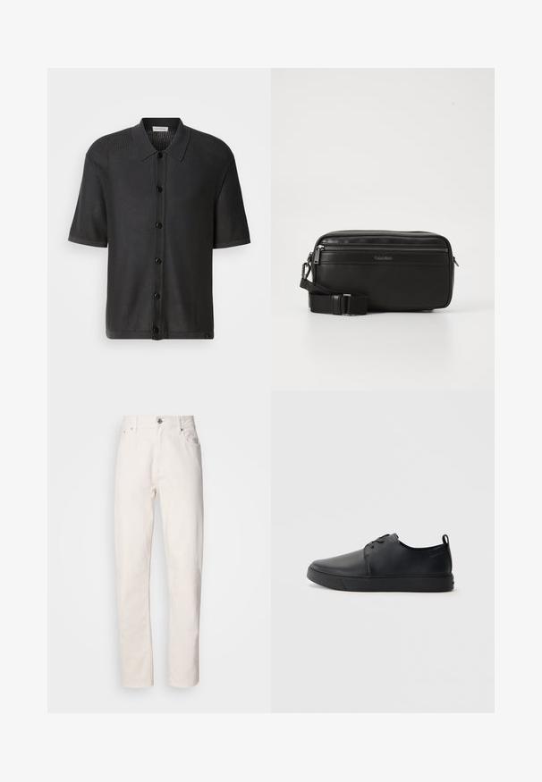 Schwarzes kurzärmliges Hemd mit Netzstruktur, Knopfleiste und Kragen. Verfügt über einen glatten Saum und dezentes Branding am unteren Rand.; Weiße Denim-Jeans mit geradem Bein, Knopf- und Reißverschluss, Gürtelschlaufen sowie Vorder- und Hintertaschen, auf einfarbigem Hintergrund gezeigt.; Schwarze Leder-Sneaker mit glatter Oberfläche, abgerundeter Zehenpartie, gleichfarbiger Nähte, schnürbarem Vorderteil und flacher Gummisohle. Schlaufe an der Ferse.; Schwarze Leder-Crossbody-Tasche mit einem Reißverschlussfach, strukturiertem Oberflächenmaterial, verstellbarem Tragegurt und Calvin Klein-Logo auf der Vorderseite.