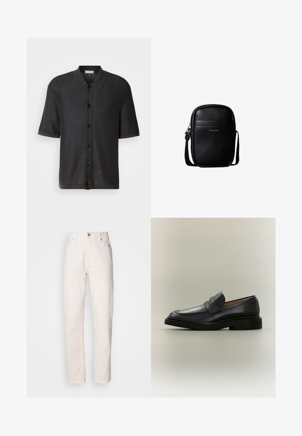 Schwarzes kurzärmliges Hemd mit Netzstruktur, Knopfleiste und Kragen. Verfügt über einen glatten Saum und dezentes Branding am unteren Rand.; Weiße Denim-Jeans mit geradem Bein, Knopf- und Reißverschluss, Gürtelschlaufen sowie Vorder- und Hintertaschen, auf einfarbigem Hintergrund gezeigt.; Schwarzer Leder-Herrenloafer mit niedrigem Absatz und Riemendetail über dem Vorderblatt, im Profil auf neutralem Hintergrund gezeigt.; Schwarze kompakte Crossbody-Tasche aus strukturiertem Leder mit vorderer Naht und "Calvin Klein"-Logo, mit verstellbarem Schulterriemen.