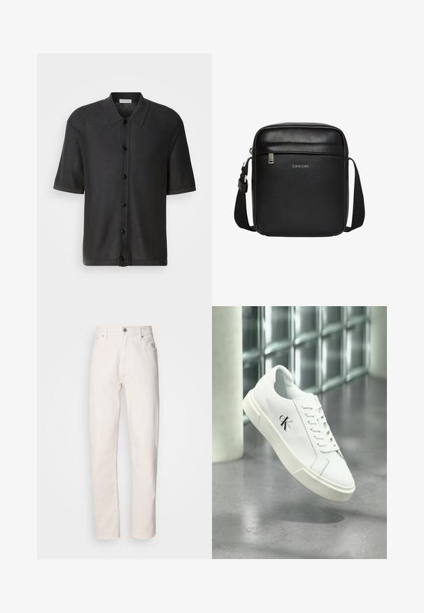Sort kortærmet skjorte med mesh-struktur, knapfront og krave. Har en glat kant og subtil branding forneden.; Hvide denim jeans med lige ben, med knap- og lynlåslukning, bæltestropper samt for- og baglommer, præsenteret på en ensfarvet baggrund.; Hvid Calvin Klein sneaker med snørebånd, vist svævende over en poleret betongulv og en baggrund af glasblokke.; Sort Calvin Klein skuldertaske med justerbar rem, forreste lynlåslomme og subtilt logo på tekstureret læderoverflade.