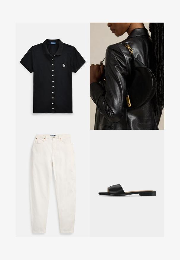 Sort polo-shirt lavet af bomuld, med knapper foran, korte ærmer og en lille hvid logo på brystet.; Hvide høj-taljede jeans med lige ben, foran knap og lynlås, fem-lommer design og Polo mærkeetiket på linningen.; Sort flad slip -på sandal med bredt læderrem med subtilt præget logo og lav hæl.; Person iført sort læderjakke bærer sort halvmåneformet håndtaske med guldlås over skulderen mod ensfarvet baggrund.