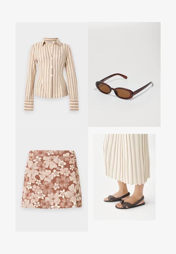 Chemise cintrée à manches longues, boutonnée, avec motif zigzag beige et marron clair et col pointu.; Mini-jupe marron avec imprimé floral blanc comprenant de grandes et petites fleurs dans un motif répétitif sur un tissu lisse.; Pieds portant des sandales marron foncé à bride arrière avec des bretelles croisées, assorties à une longue jupe plissée de couleur crème.; Lunettes de soleil rondes teinte brun avec une monture bordeaux brillante. Branches fines avec un détail de marque subtil. Design de verres plats.