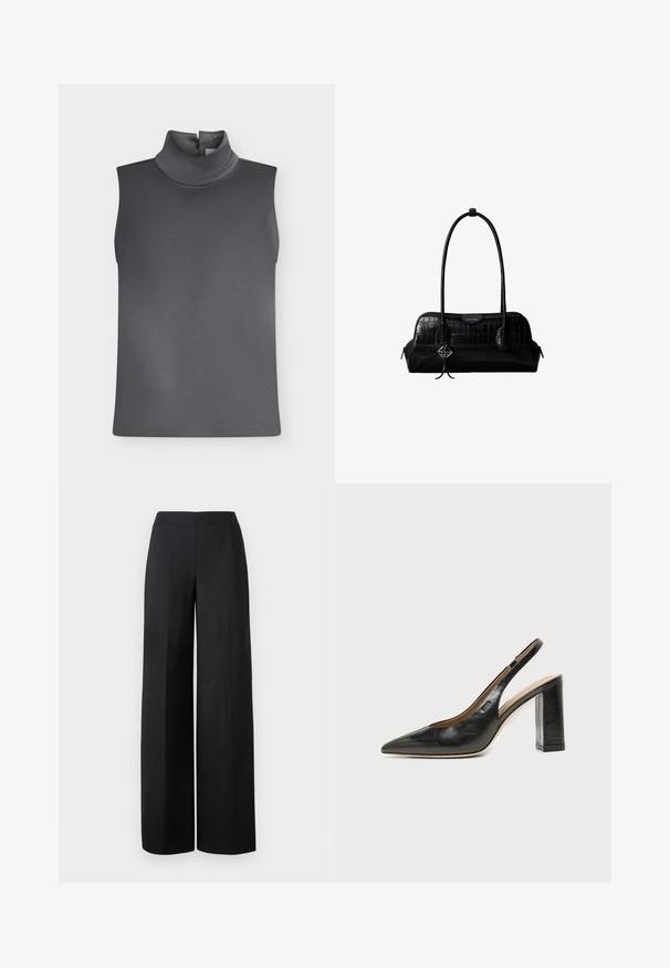 Haut sans manches gris foncé avec col roulé haut et fermeture à bouton à l'arrière du cou sur fond blanc.; Pantalons larges noirs en tissu lisse. Dotés d'une taille haute et de lignes nettes et droites sans poches visibles ni embellissements.; Chaussure slingback en cuir noir à bout pointu avec un talon bloc haut et une doublure intérieure beige sur un fond clair uni.; Sac à épaule en cuir noir à texture crocodile, avec de longues sangles et un petit charm logo argenté sur une sangle.