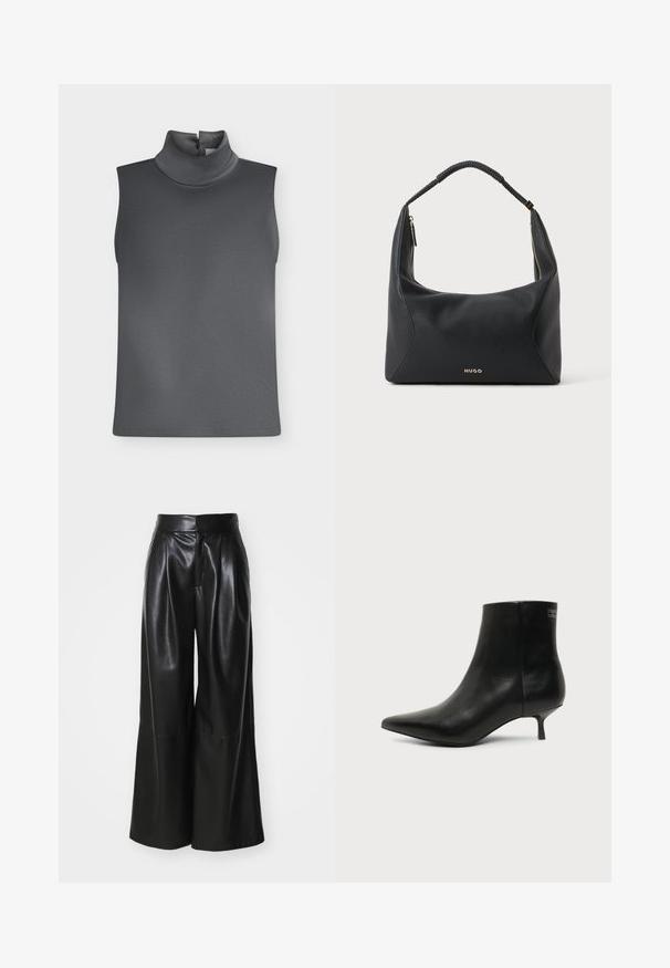 Haut sans manches gris foncé avec col roulé haut et fermeture à bouton à l'arrière du cou sur fond blanc.; Pantalons large en faux cuir noir, taille haute, avec un devant plissé et une texture lisse. Caractéristiques d'un design épuré et minimaliste.; Bottine en cuir noir avec bout pointu et petit talon kitten sur fond clair, vue côté extérieur.; Sac à épaule en cuir noir avec anse tressée, détail de fermeture éclair dorée et petit logo "HUGO" doré au centre à l'avant.