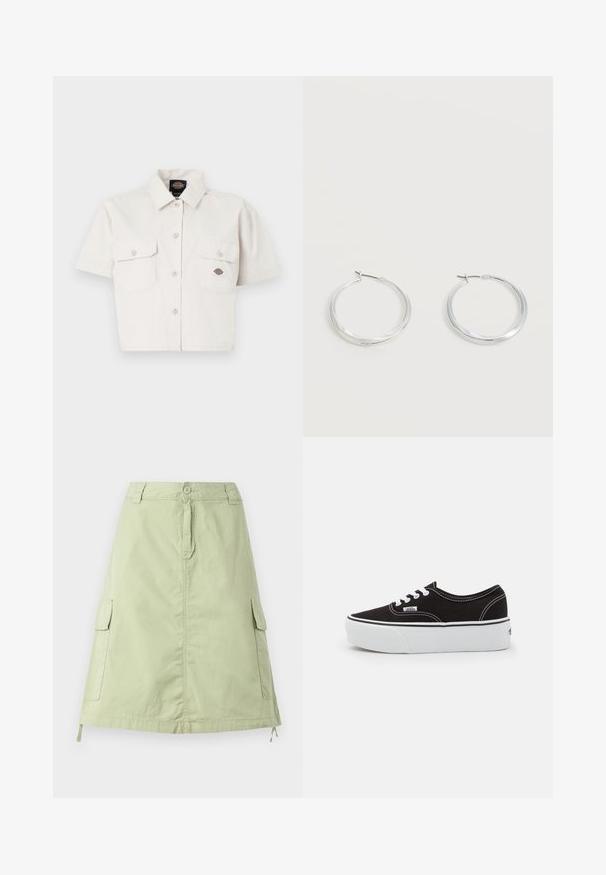 Kurze ärmelige, cropped weiße Bluse aus Baumwolle mit zwei Brusttaschen, Knopfleiste vorne und einem Logopatch auf der linken Tasche.; Hellgrüner Baumwollrock in knielanger Länge mit zwei seitlichen Cargo-Taschen, einer Knopfverschluss und einer entspannten, geraden Passform. Einfache Textur.; Schwarze Leinensneaker mit einer weißen Gummiplattformsohle, weißen Schnürsenkeln und Nähten, ikonischer Markenaufdruck an der Seite, im Low-Top-Design.; Silberne Metallcreolen mit glatter, leicht gebogener Oberfläche und Klappverschluss vor schlicht weißem Hintergrund.