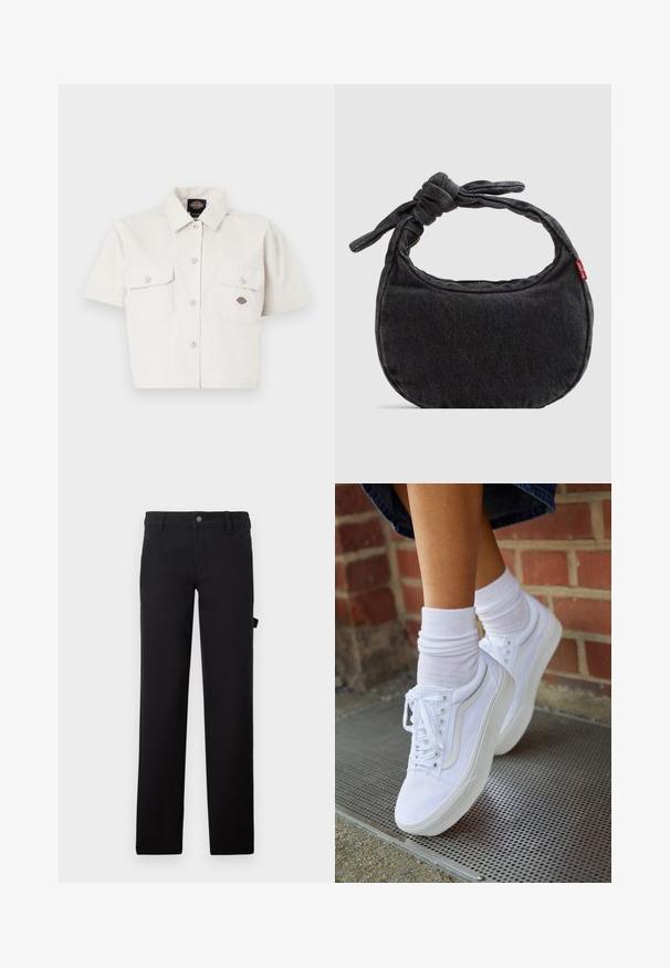 Korte mouwen, cropped wit shirt van katoen met twee borstzakken, knoopsluiting aan de voorkant en een logo patch op de linker zak.; Zwarte broek van stof met een gladde textuur, ontworpen met rechte pijpen, een knoopsluiting en een zijzak.; Witte canvas sneakers met rubberen zolen, voorzien van zes vetertjes, een ronde neus en lichte stikdetails, gecombineerd met witte enkelsokken.; Kleine zwarte denim schoudertas met een gestrikte riem en ritssluiting, met een rood Levi's stoffen label aan de zijkant.