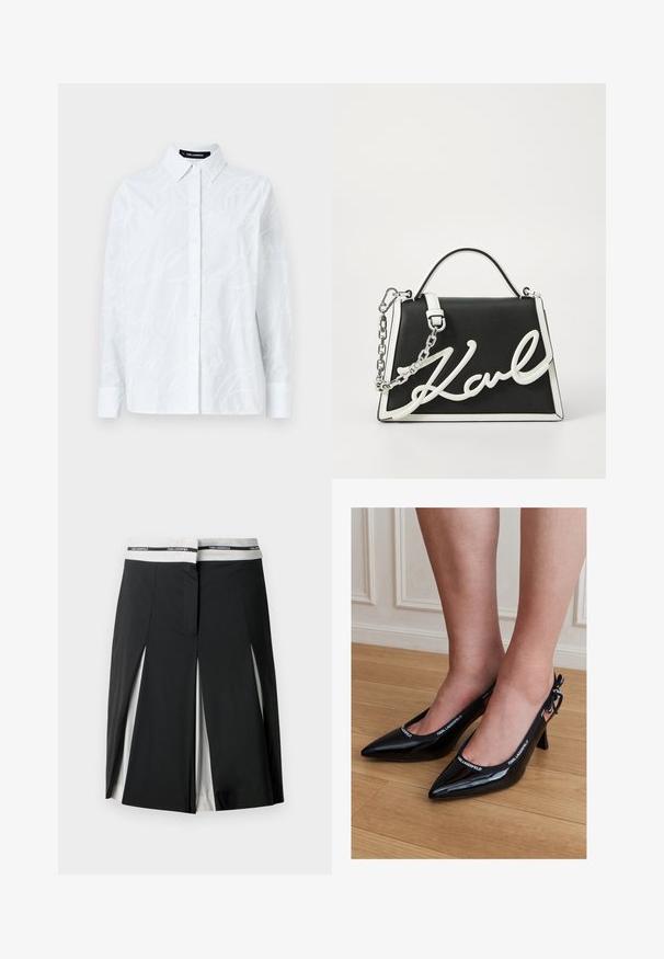 Witte button-up shirt met een textuurpatroon van schrift, klassieke kraag, lange mouwen en een rechte zoom. Gemaakt van lichtgewicht stof.; Zwarte midi-rok met witte zijpanelen en uitsnijdingen, voorzien van een witte tailleband met "KARL LAGERFELD" branding in het zwart.; Zwarte lakleren slingback hakken met puntige neus en KARL LAGERFELD merkafwerking, gedragen op voeten staand op een houten vloer.; Zwarte leren handtas met witte accenten. Beschikt over een kettingriem, gestructureerde vorm en een opvallend wit logo-detail. Glad textuur.