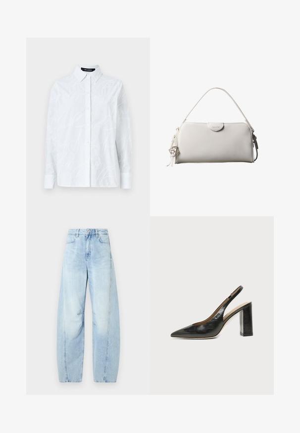 Witte button-up shirt met een textuurpatroon van schrift, klassieke kraag, lange mouwen en een rechte zoom. Gemaakt van lichtgewicht stof.; Lichtblauwe denim wijde jeans met een hoge taille, voorzien van een knoopsluiting, voorzakken en subtiele vervaging.; Zwarte leren slingback schoen met spits toelopend neusje, hoge blokhak en beige binnenvoering tegen een effen lichte achtergrond.; Witte rechthoekige Calvin Klein handtas met enkele handgreep, minimalistisch ontwerp en decoratieve kwastjes met geometrische metalen hanger aan de zijkant.