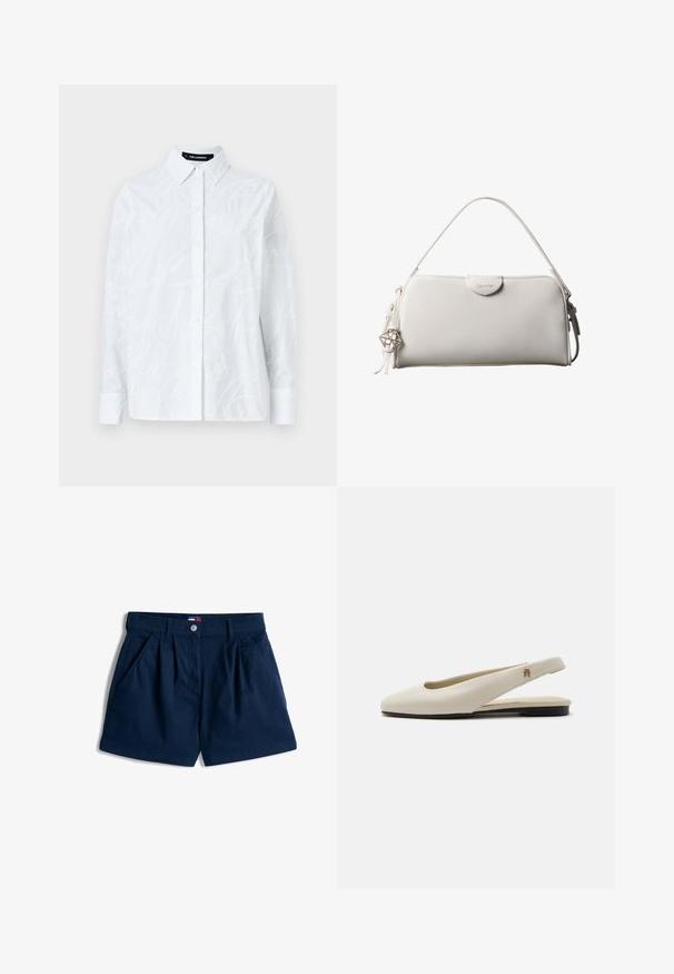 Camisa blanca de botones con un patrón de escritura texturizado, cuello clásico, mangas largas y un dobladillo recto. Fabricada con una tela ligera.; Pantalones cortos de color azul marino hechos de una mezcla de algodón. Cuenta con dos bolsillos frontales, un pliegue en cada lado y un cierre de botón con una etiqueta de logo.; Zapato plano slingback de cuero color crema con puntera redondeada y pequeño emblema dorado en la correa.; Bolso rectangular blanco de Calvin Klein con un solo asa, diseño minimalista y borlas decorativas con un charm metálico geométrico en el lateral.