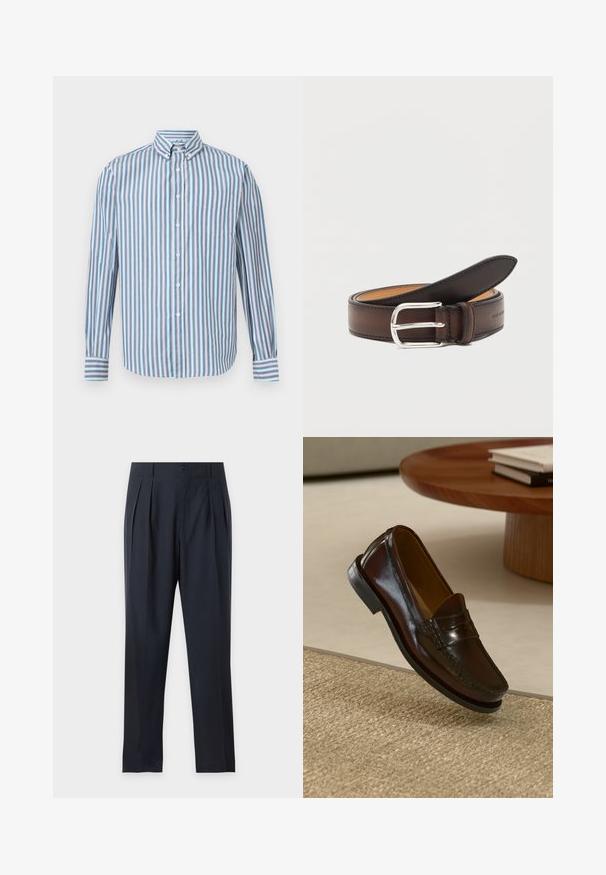 Chemise à manches longues avec boutons, présentant des rayures verticales bleues, blanches et rouges, et une poche poitrine, affichée sur un fond blanc uni.; Pantalon plissé bleu marine foncé avec fermeture par bouton et fermeture éclair, jambes droites et poches latérales sur un fond clair uni.; Mocassins en cuir marron au fini brillant, avec un détail cousu sur le devant et une semelle en caoutchouc noir à profil bas.; Ceinture en cuir marron foncé roulée avec une boucle rectangulaire argentée sur fond blanc.