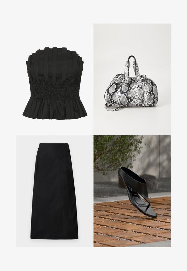 Sort strapless top med vertikale plisseringer, smocket talje og en bølget kant. Lavet af struktureret stof for en tætsiddende silhuet.; DRYKORN AMBAR - A-snit nederdel - black; Sort højhælet sandal med thongsrem, svævende over et mønstret træ- og grusbelagt udendørsareal med sløret grønt område og væg i baggrunden.; Håndtaske med sort og hvid slidmønster, to håndtag, snøre lukning og aftagelig skulderrem. Glat tekstur.