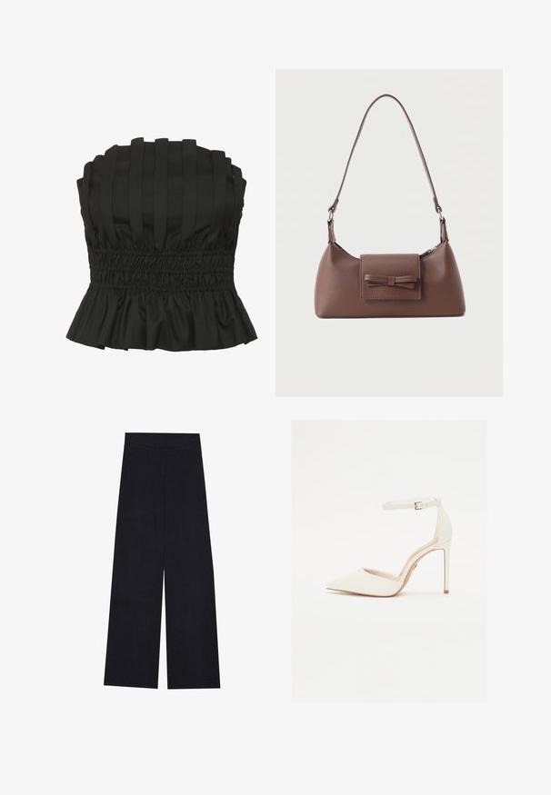 Sort strapless top med vertikale plisseringer, smocket talje og en bølget kant. Lavet af struktureret stof for en tætsiddende silhuet.; Bredde benbukser i mørkeblå med lodrette ribbede strukturer. Har en glat talje og lige snit, hvilket giver en afslappet pasform.; Hvide læder højhælede sko med spids tå og tynd ankelrem. Har en stiletto hæl og minimalistisk design.; Brun skuldertaske i læder med en frontlomme med klap, der har en sydd sløjfedetalje, og en justerbar rem.