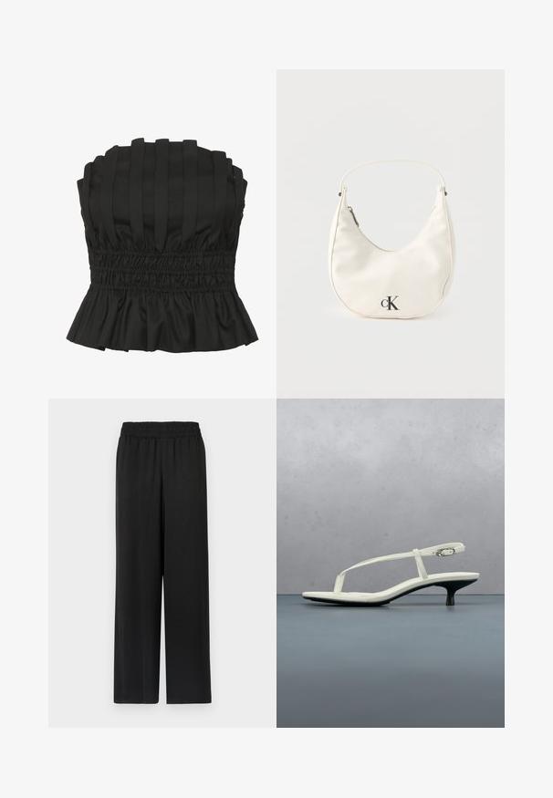 Sort strapless top med vertikale plisseringer, smocket talje og en bølget kant. Lavet af struktureret stof for en tætsiddende silhuet.; Sorte brede bukser med elastisk talje, lavet af et glat, let stof. Har en lige pasform og ingen synlige mønstre.; Hvid sandal med stropper og kitten-hæl med spids tå, svævende over et trægulv udendørs med en sløret plante og væg i baggrunden.; Lille hvid halvmåneformet håndtaske med kort rem, lynlås og sort "cK"-logo foran.