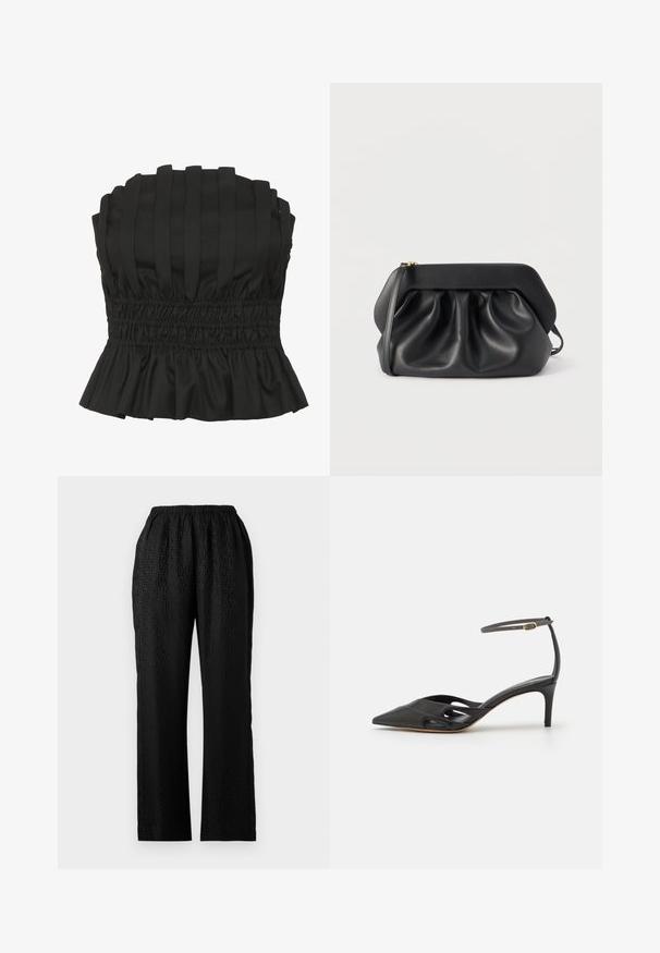 Sort strapless top med vertikale plisseringer, smocket talje og en bølget kant. Lavet af struktureret stof for en tætsiddende silhuet.; Sorte bukser med elastisk talje i letvægtsstof, der har en struktureret design med et subtilt mønster og lige benform.; Sort læder højhælet sko med spids tå, åbne sider og en tynd ankelrem med en lille guld detalje.; Sort læderclutch med struktureret ramme, rynkedetaljer og en slank håndledsrem på hvid baggrund.