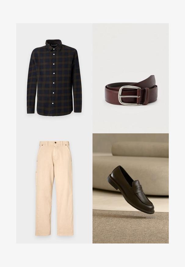 Chemise à manches longues bleu foncé avec une texture à carreaux marron. Fabriquée en tissu doux, elle présente un devant à boutons et un col classique.; Pantalon en coton beige avec une coupe droite, doté de poches latérales, de passants de ceinture et d'une fermeture à bouton à l'avant. Texture lisse, design minimaliste.; Un seul mocassin en cuir brun foncé flottant au-dessus d’un tapis texturé beige, avec un canapé beige flou en arrière-plan.; Ceinture en cuir marron avec une finition texturée, dotée d'une boucle en métal argenté et d'une seule boucle de réglage. Motif tissé près de la boucle.