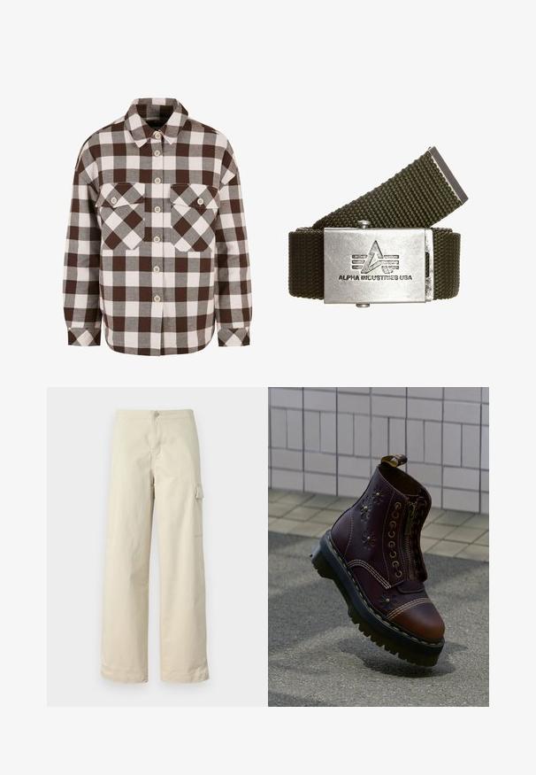 Camisa de cuadros marrón y blanca con dos bolsillos en el pecho, que presenta un cuello clásico y un cierre frontal con botones. Textura de tela suave.; Pantalones cargo beige hechos de algodón suave, con un corte recto, un botón en la parte delantera y un bolsillo lateral con detalle de solapa.; Bota de cuero marrón oscuro con relieves florales, cremallera frontal, suela negra gruesa con costuras amarillas, flotando sobre un pavimento texturizado cerca de una pared con azulejos.; Cinturón de nailon tejido de color verde oliva con hebilla de metal plateado. La hebilla presenta un logo grabado y tres líneas horizontales, lo que ofrece un diseño robusto.