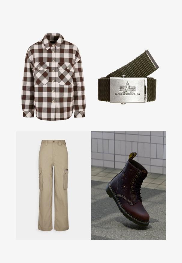 Chemise à carreaux marron et blanc avec deux poches poitrine, dotée d'un col classique et d'une fermeture à boutons sur le devant. Texture de tissu douce.; Pantalons cargo beiges en tissu durable, offrant une coupe décontractée, plusieurs poches latérales et une taille élastique avec une fermeture à bouton.; Botte en cuir brun foncé avec embossage floral et coutures jaunes, positionnée debout sur un pavé texturé avec un mur carrelé en arrière-plan.; Ceinture en nylon tissée vert olive avec une boucle en métal argenté. La boucle présente un logo embossé et trois lignes horizontales, offrant un design robuste.