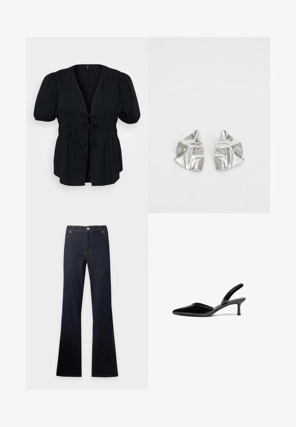 Blusa negra con un profundo escote en V, mangas cortas abullonadas y una cintura con cordón elástico. Tela suave con una silueta relajada y fluida.; Vaqueros de denim azul oscuro con cintura alta y piernas acampanadas, con bolsillos delanteros, botón y cierre de cremallera.; Tacones slingback de charol negro con punta afilada, tacón de aguja bajo y un diseño elegante y simple sin adornos.; Pendientes de metal plateado con un diseño ondulado y escultórico, que presentan un acabado pulido y formas irregulares, destacando una estética contemporánea.