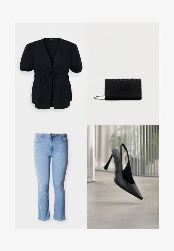 Blusa negra con un profundo escote en V, mangas cortas abullonadas y una cintura con cordón elástico. Tela suave con una silueta relajada y fluida.; Jeans de mezclilla azul claro con corte recto, diseño de cinco bolsillos y cierre de botón en la cintura. Textura desgastada en la tela.; Zapato de tacón stiletto con tira trasera de cuero negro y punta puntiaguda, flotando sobre un suelo de hormigón liso y fondo de panel metálico vertical.; Billetera de mano negra con superficie texturizada que presenta gotas elevadas, forma rectangular, correa de cadena y diseño minimalista.